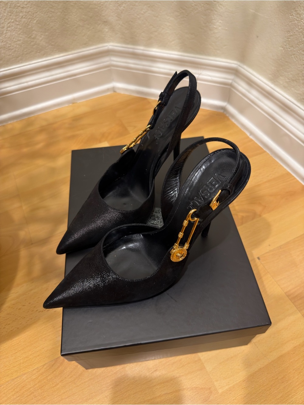 Versace Black Pointed Slingback Heels with Gold Medusa Chain